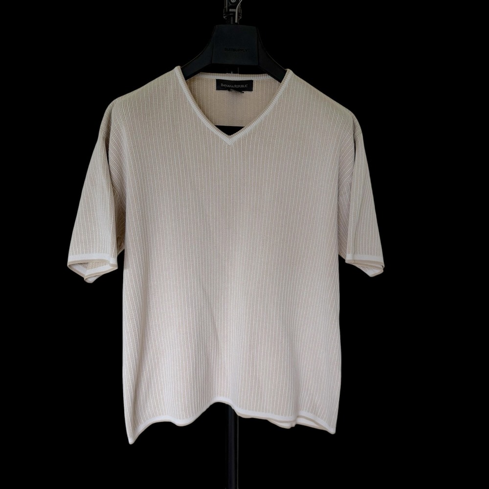 Y2K Banana Republic XL V-Neck Ribbed Knit Short Sleeve Cotton Sweater Tan White